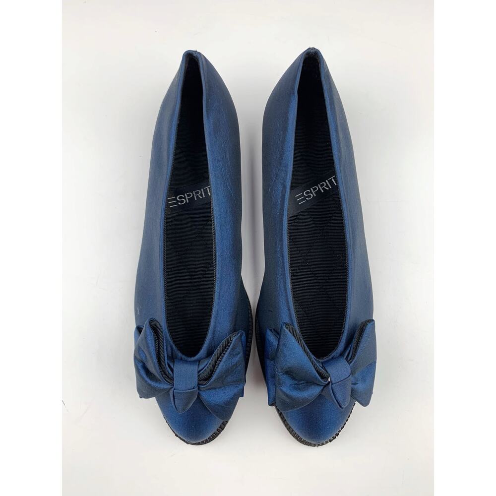 Vintage Esprit Ballet Flats Blue Satin Bow 80s 90s Slip On Shoes Women's 6.5